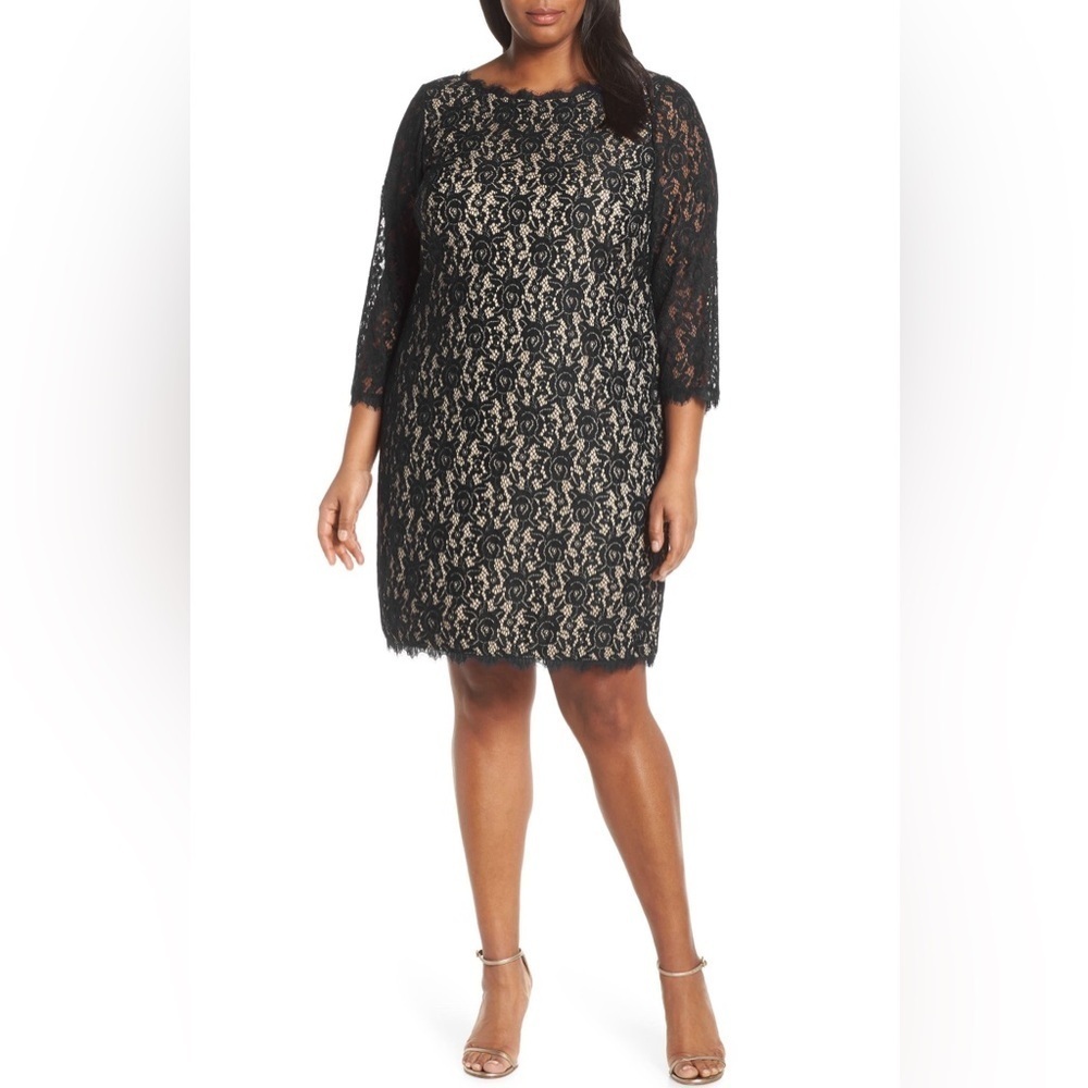 Eliza J Long Sleeve Lace Cocktail Dress Size 16 Black Tan Bateau Neck Party NWT